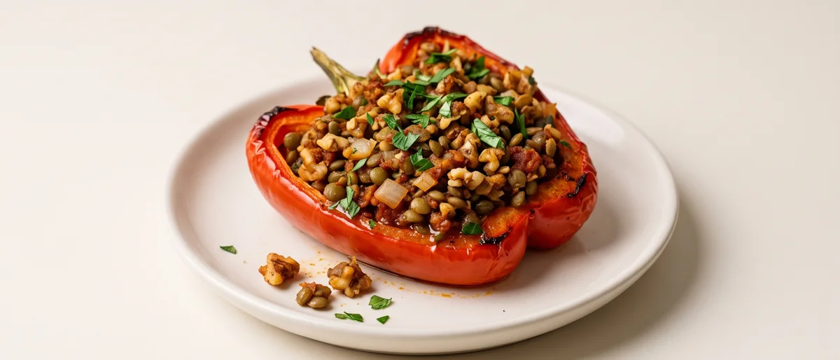 Walnut & Lentil Stuffed Peppers - Roasted peppers filled with a savory walnut-lentil crumble