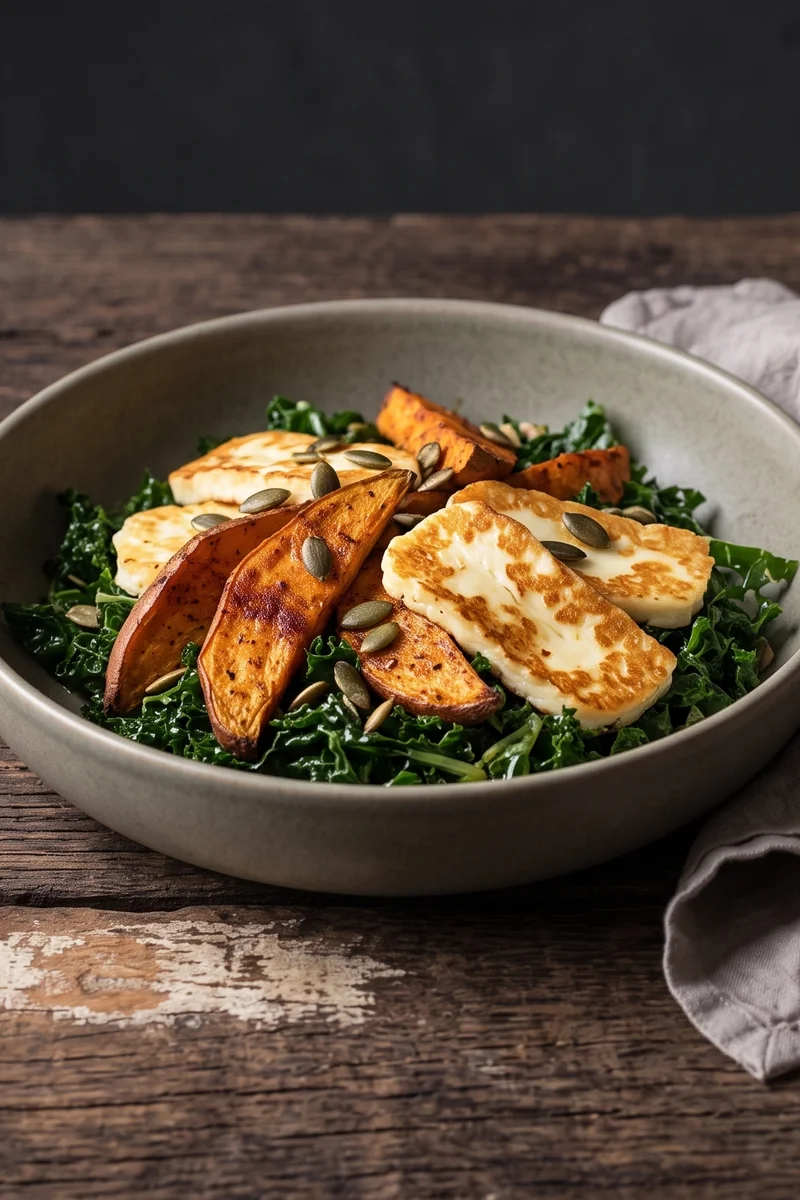 Warm Kale, Sweet Potato & Halloumi Salad - Roasted sweet potato and golden halloumi over lemon-massaged kale with pumpkin seeds