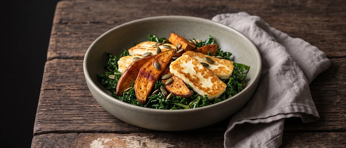 Warm Kale, Sweet Potato & Halloumi Salad - Roasted sweet potato and golden halloumi over lemon-massaged kale with pumpkin seeds