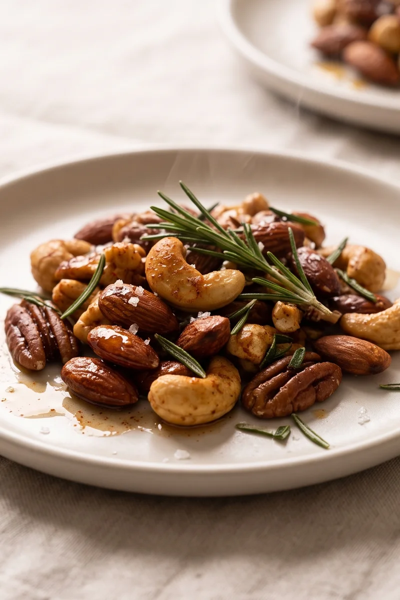 Warm Spiced Nuts with Rosemary - Mixed nuts pan-toasted with rosemary, smoked paprika and maple