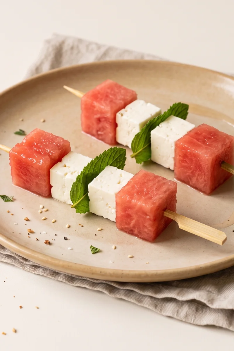 Watermelon, Feta & Mint Skewers - Cold watermelon cubes with salty feta and mint on picks