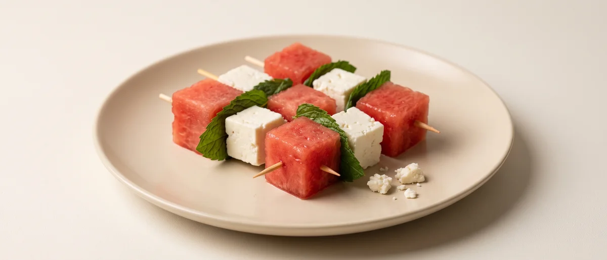 Watermelon, Feta & Mint Skewers - Cold watermelon cubes with salty feta and mint on picks