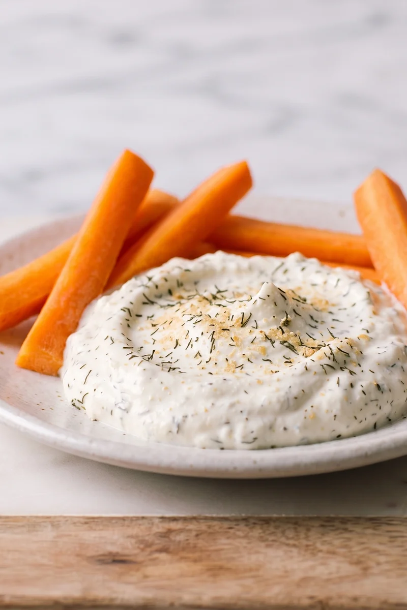 Whipped Cottage Cheese Ranch Dip with Crudites - Cottage cheese blitzed silky with ranch herbs, surrounded by crunchy vegetables