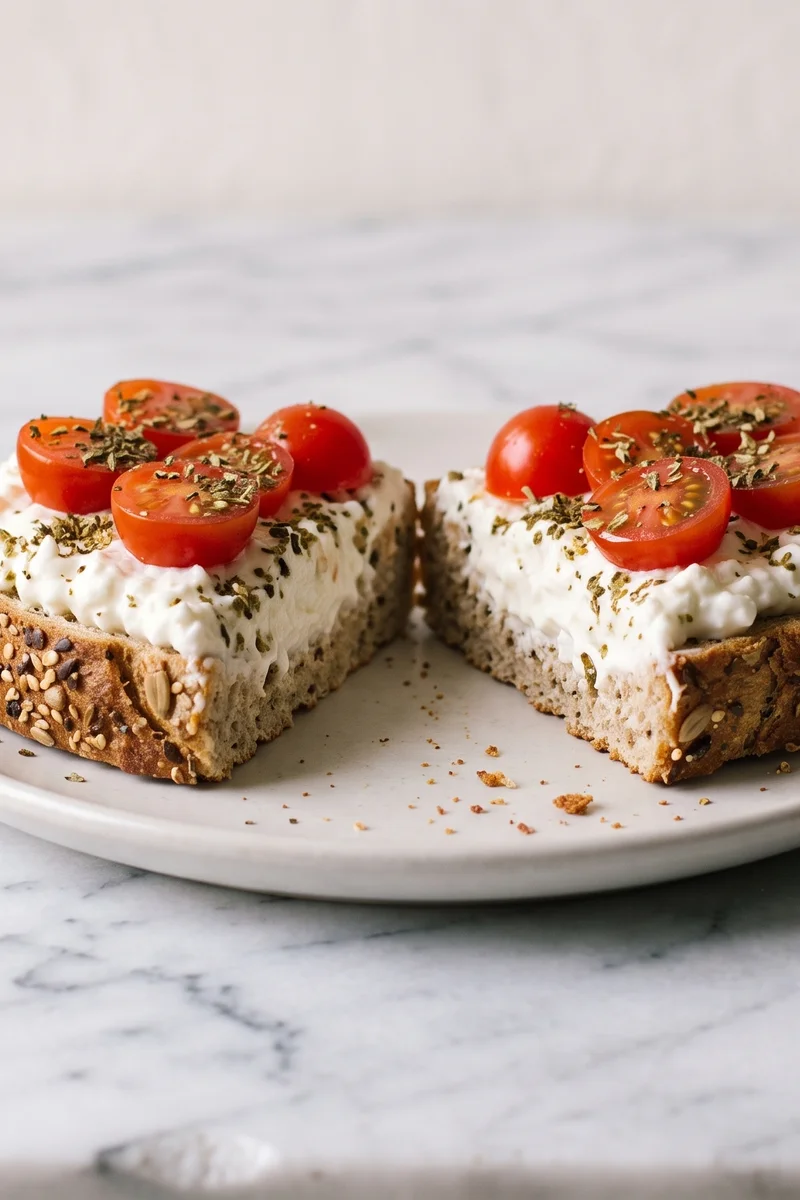 Whipped Cottage Cheese Toast with Tomatoes - Creamy whipped cottage cheese on seeded wholegrain toast