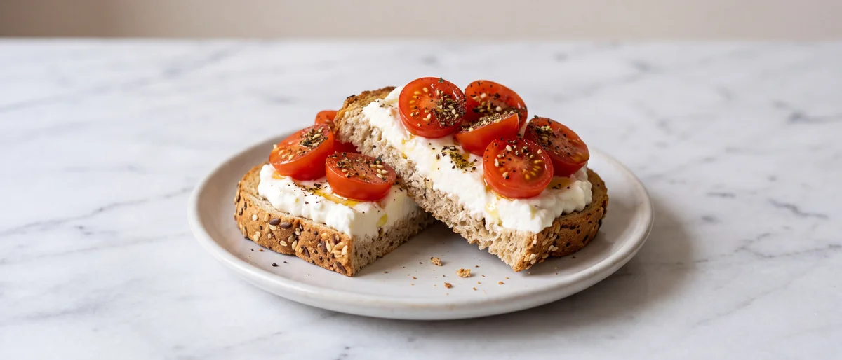 Whipped Cottage Cheese Toast with Tomatoes - Creamy whipped cottage cheese on seeded whole-grain toast