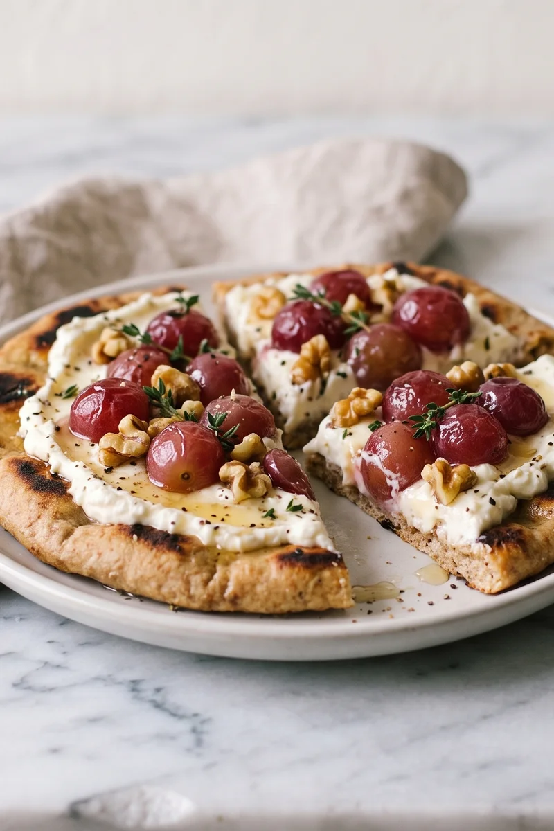 Whipped Feta & Roasted Grape Flatbreads - Warm flatbreads spread with whipped feta under sticky roasted grapes, walnuts and thyme