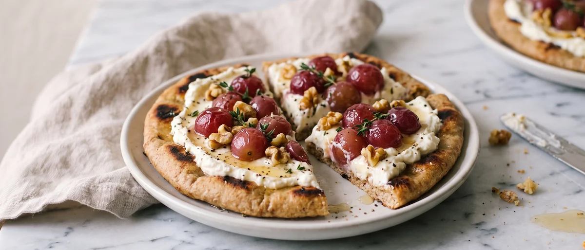 Whipped Feta & Roasted Grape Flatbreads - Warm flatbreads spread with whipped feta under sticky roasted grapes, walnuts and thyme