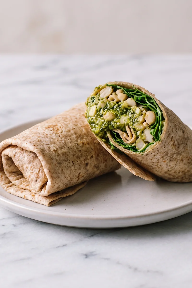 White Bean & Pesto Smash Wraps - White beans smashed with pesto and lemon, rolled into wraps with arugula and tomatoes