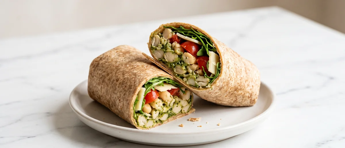 White Bean & Pesto Smash Wraps - White beans smashed with pesto and lemon, rolled into wraps with arugula and tomatoes
