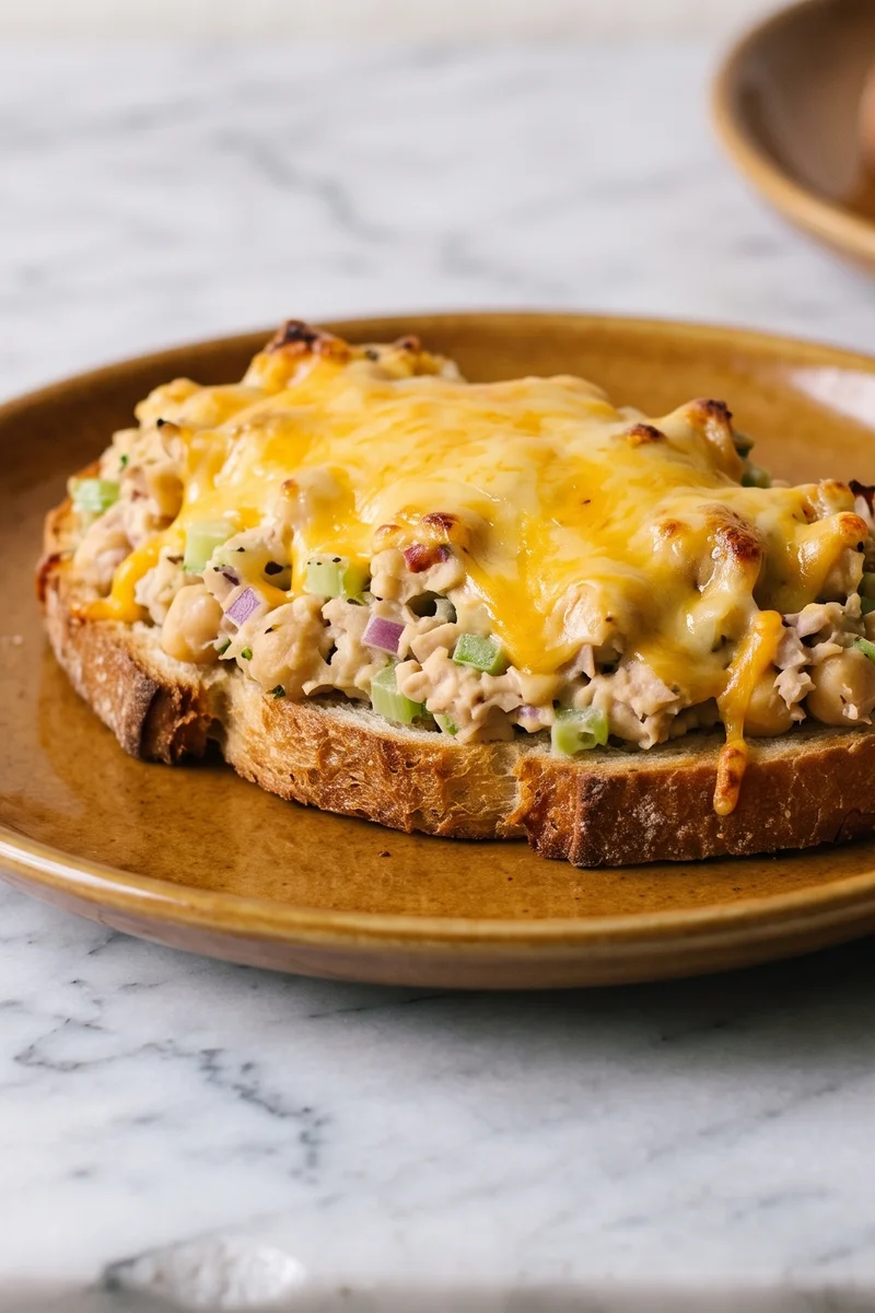 White Bean & Tuna-Style Chickpea Melts - Mashed chickpeas dressed like a deli tuna salad, piled on toast under bubbling cheddar