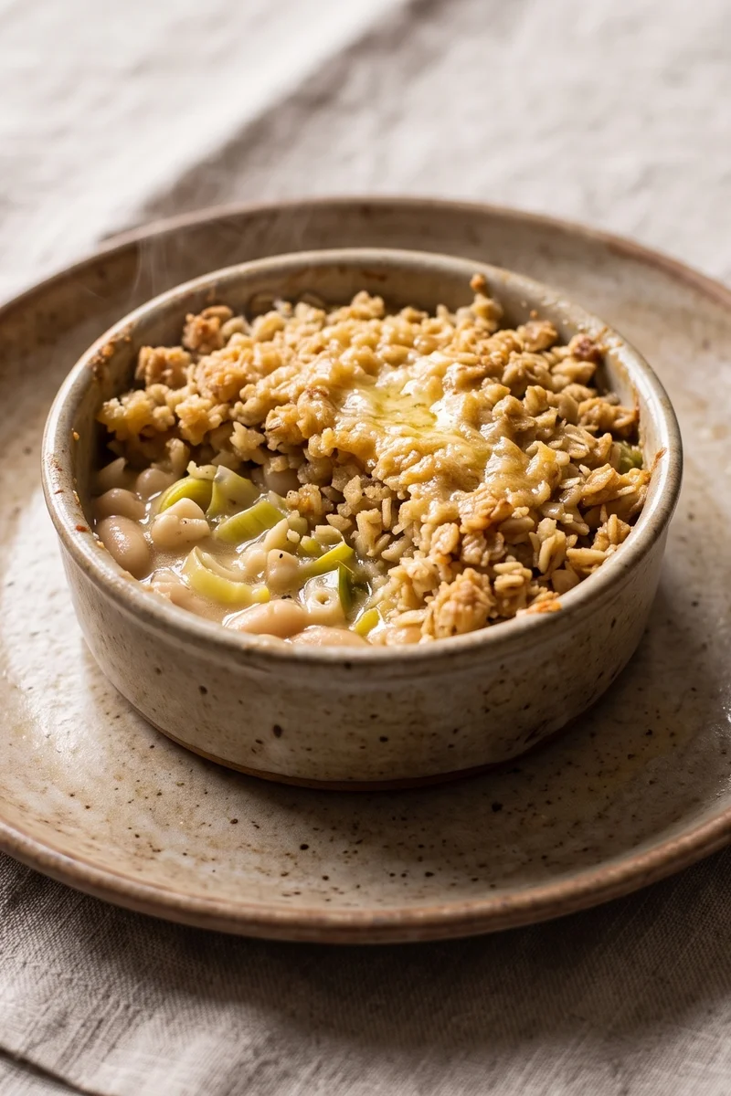 White Bean, Leek & Cheddar Crumble Pot - Creamy leeks and white beans under a savory oat-cheddar crumble
