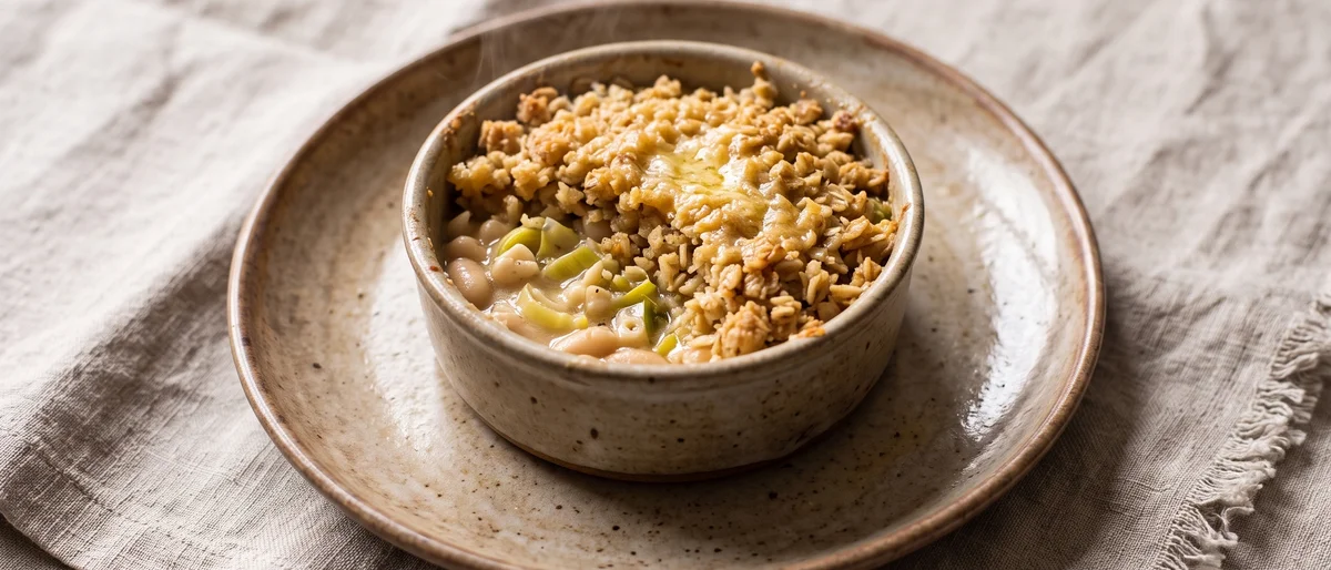 White Bean, Leek & Cheddar Crumble Pot - Creamy leeks and white beans under a savory oat-cheddar crumble