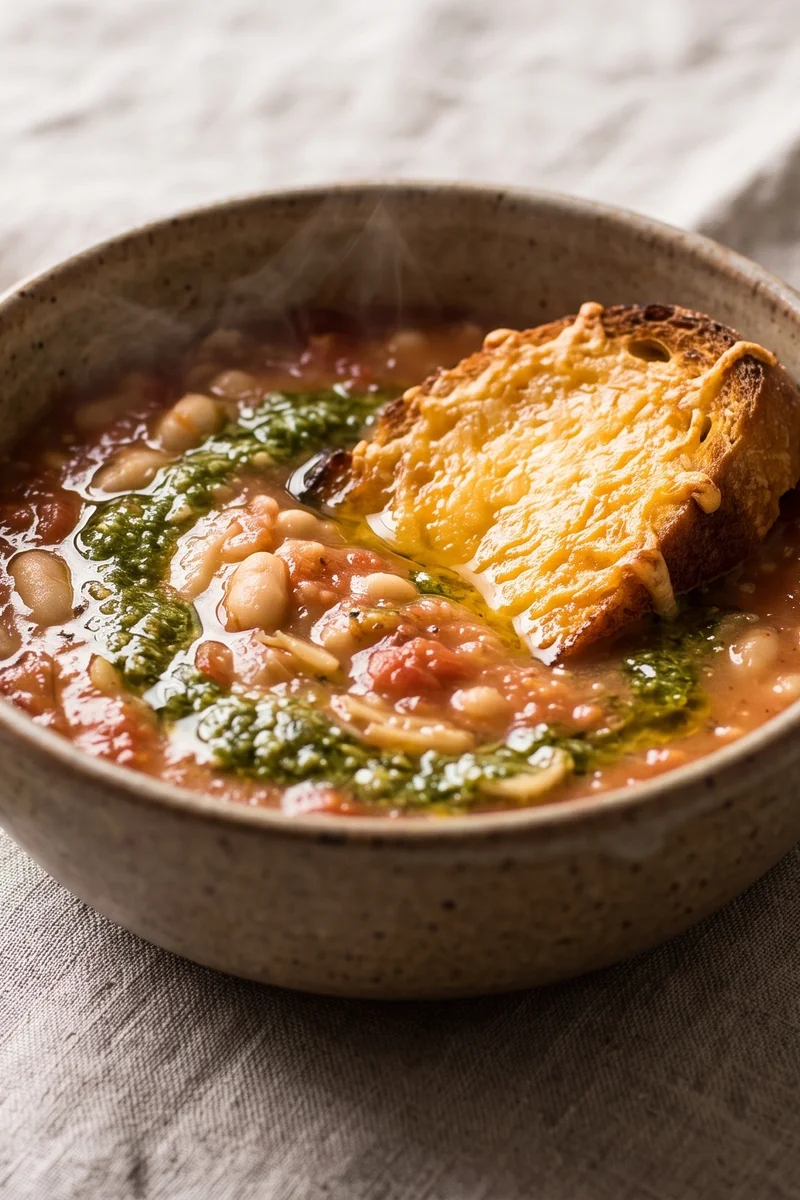 White Bean, Tomato & Pesto Soup with Cheese Toast - A quick tomato and white bean soup swirled with pesto, plus a molten cheddar toast for dunking