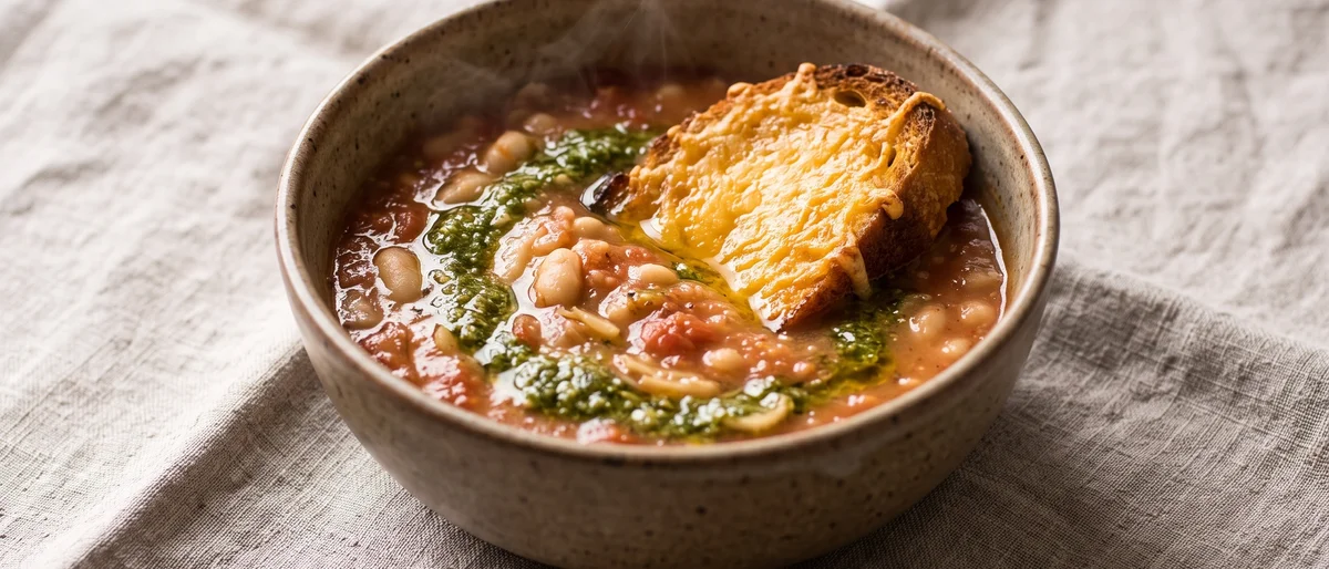 White Bean, Tomato & Pesto Soup with Cheese Toast - A quick tomato and white bean soup swirled with pesto, plus a molten cheddar toast for dunking