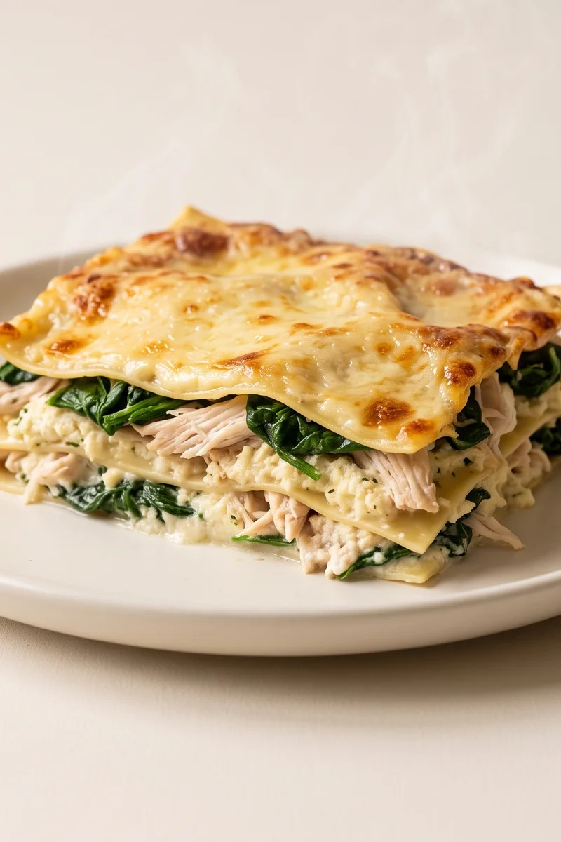 White Lasagna with Chicken, Spinach & Ricotta - A white lasagna of chicken, spinach and ricotta under nutmeg bechamel