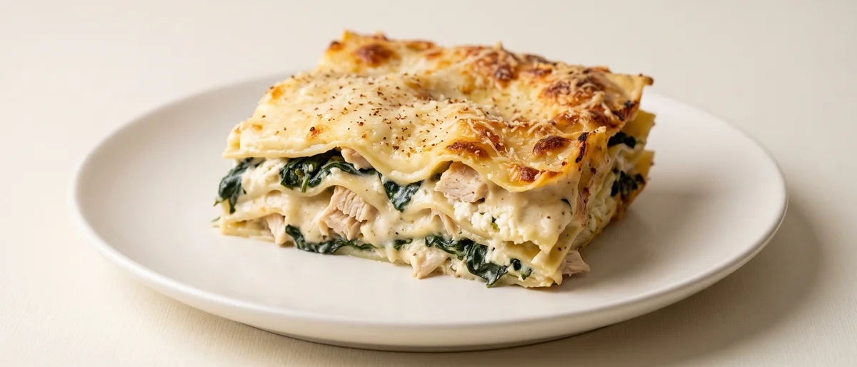 White Lasagna with Chicken, Spinach & Ricotta - A white lasagna of chicken, spinach and ricotta under nutmeg bechamel