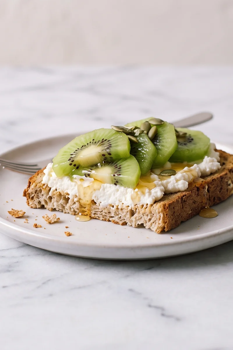 Wholegrain Toast with Ricotta, Kiwi & Honey - Creamy ricotta toast topped with kiwi and a thread of honey