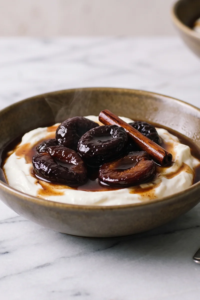Yogurt with Warm Stewed Prunes & Cinnamon - Thick yogurt under warm cinnamon prunes