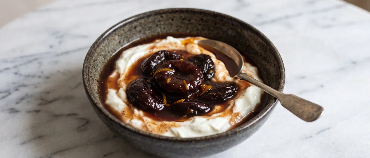 Yogurt with Warm Stewed Prunes & Cinnamon - Thick yogurt under warm cinnamon prunes