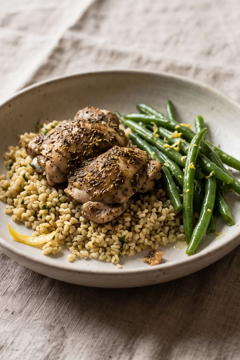 Za'atar Chicken with Green Beans & Bulgur - Za'atar-crusted chicken thighs over herbed bulgur with lemony green beans