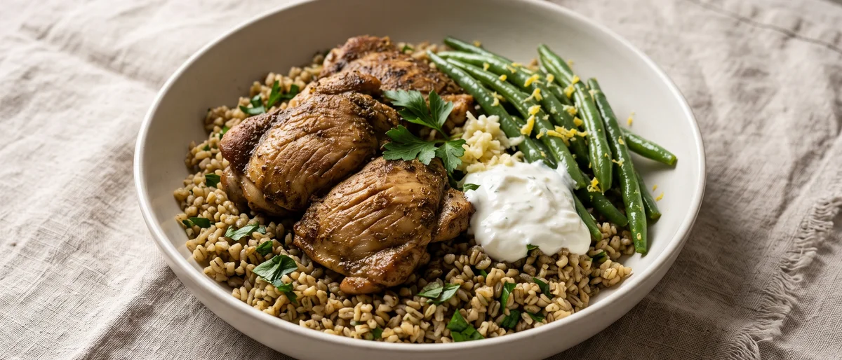 Za'atar Chicken with Green Beans & Bulgur - Za'atar-crusted chicken thighs over herbed bulgur with lemony green beans