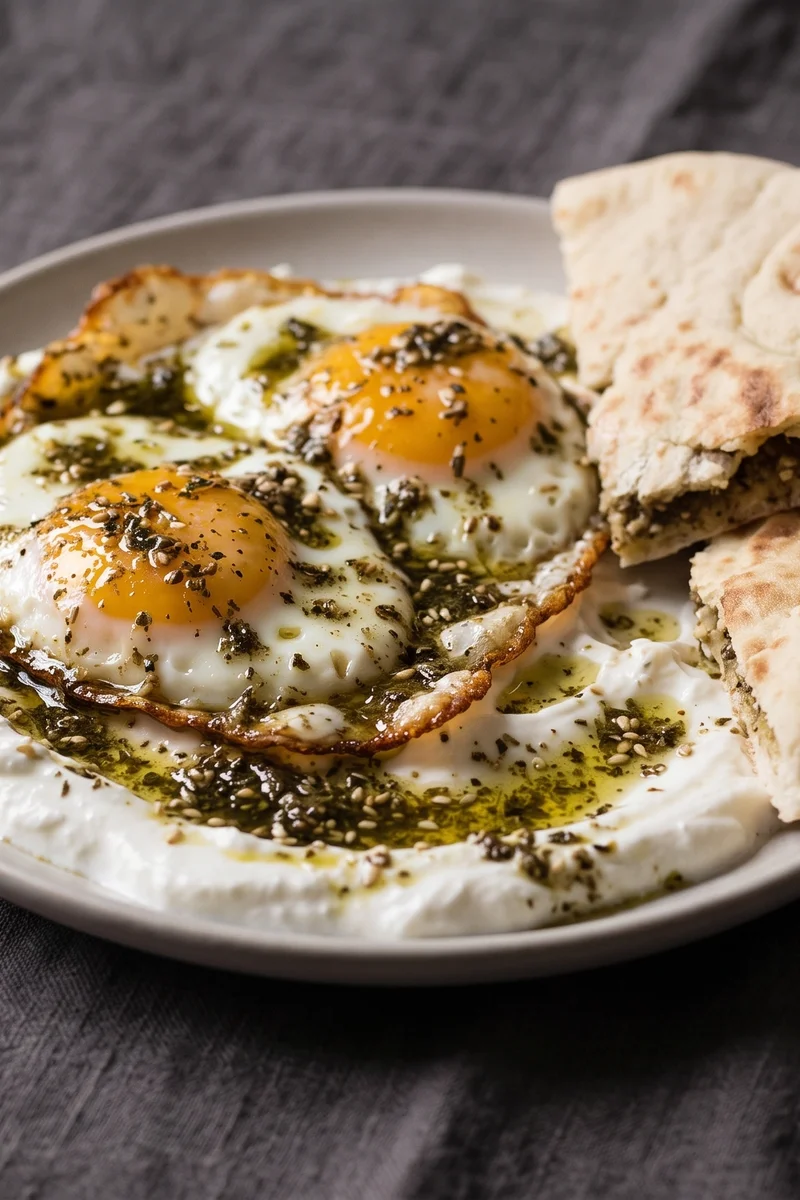 Za'atar Fried Eggs with Yogurt & Flatbread - Crispy-edged fried eggs on garlicky yogurt with za'atar oil and warm flatbread