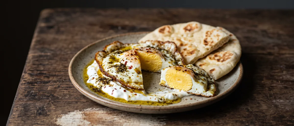 Za'atar Fried Eggs with Yogurt & Flatbread - Crispy-edged fried eggs on garlicky yogurt with za'atar oil and warm flatbread