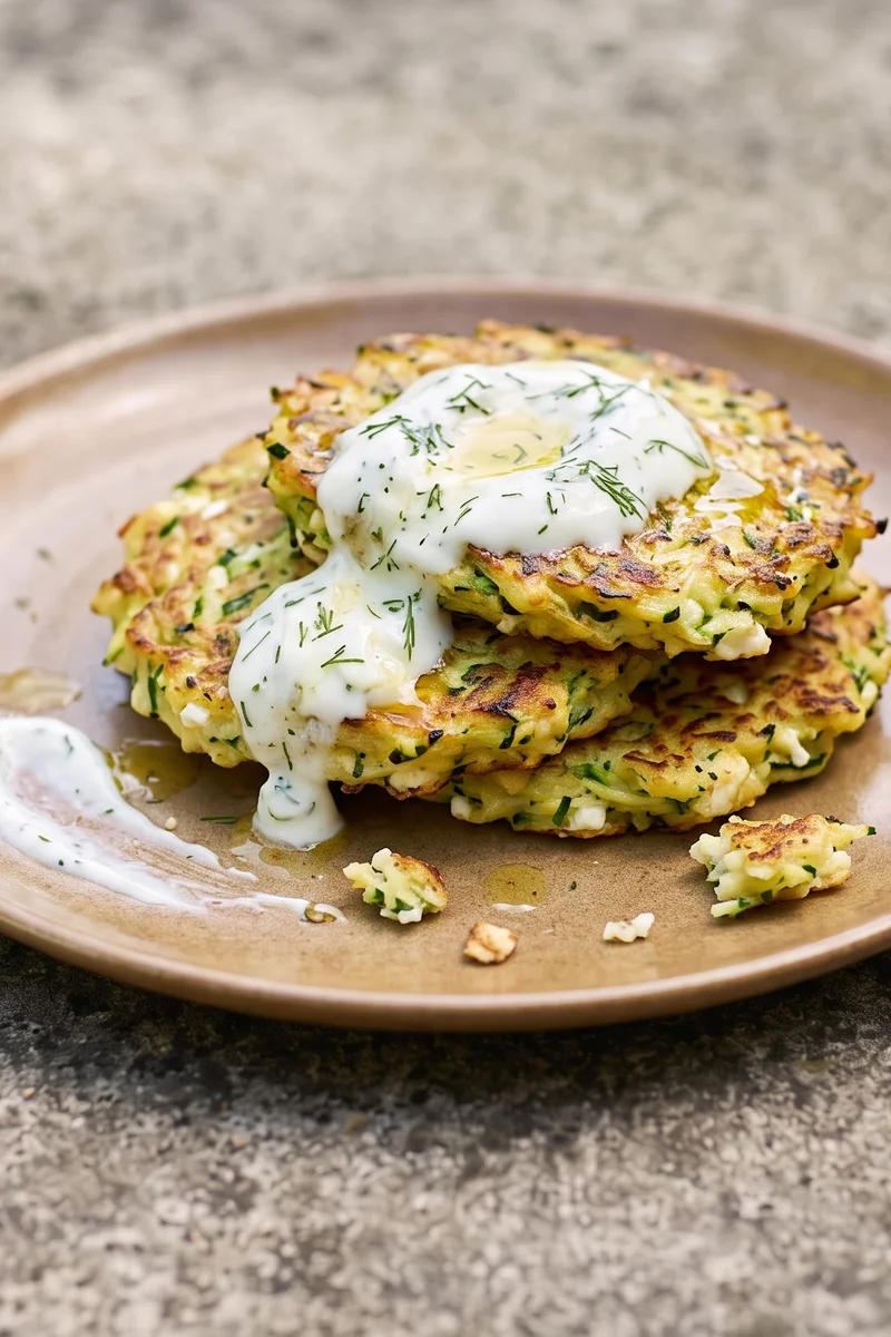 Zucchini & Feta Breakfast Fritters - Golden zucchini fritters flecked with feta and dill, served with lemony yogurt
