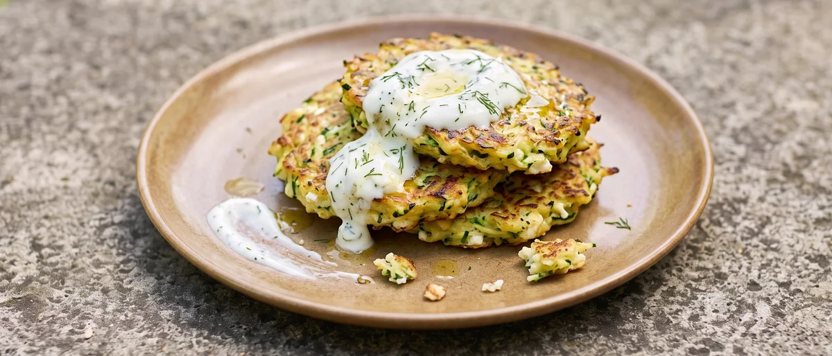 Zucchini & Feta Breakfast Fritters - Golden zucchini fritters flecked with feta and dill, served with lemony yogurt