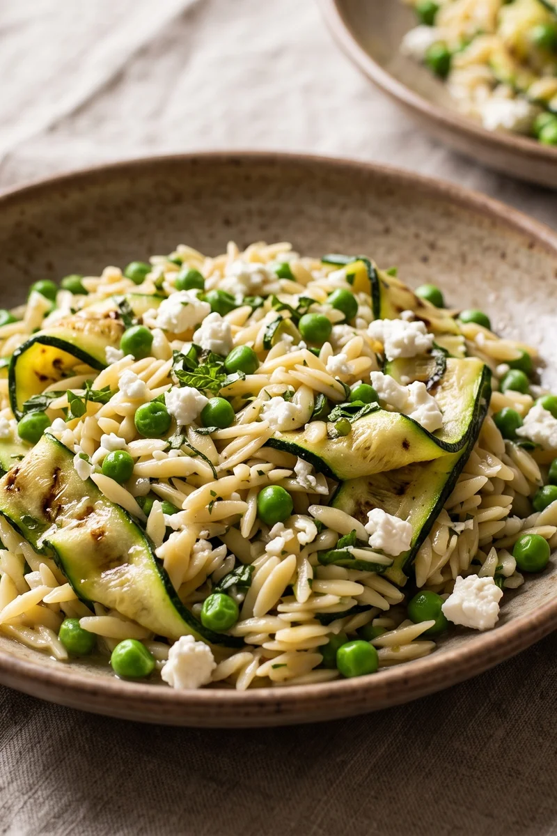 Zucchini, Pea & Mint Orzo Salad - Warm orzo with griddled zucchini ribbons, peas, mint and feta in a lemony dressing