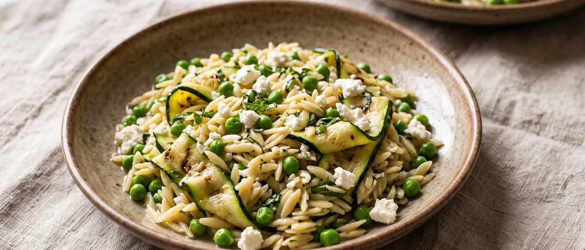Zucchini, Pea & Mint Orzo Salad - Warm orzo with charred zucchini ribbons, peas, mint and feta in a lemony dressing